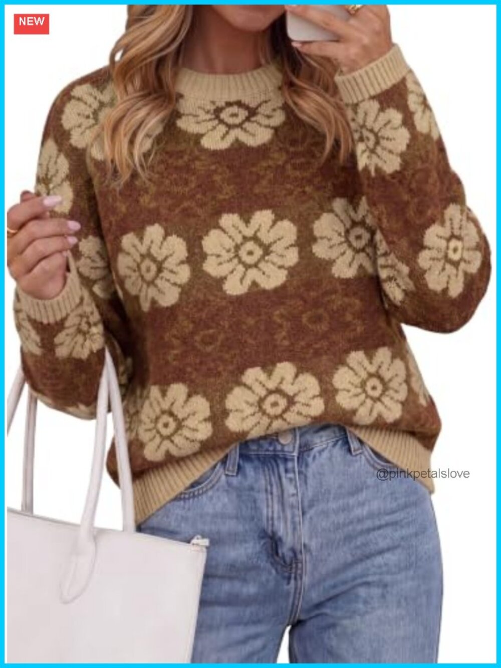 Floral Crewneck Knit Pullover Sweater Loose Fit Long Sleeve
